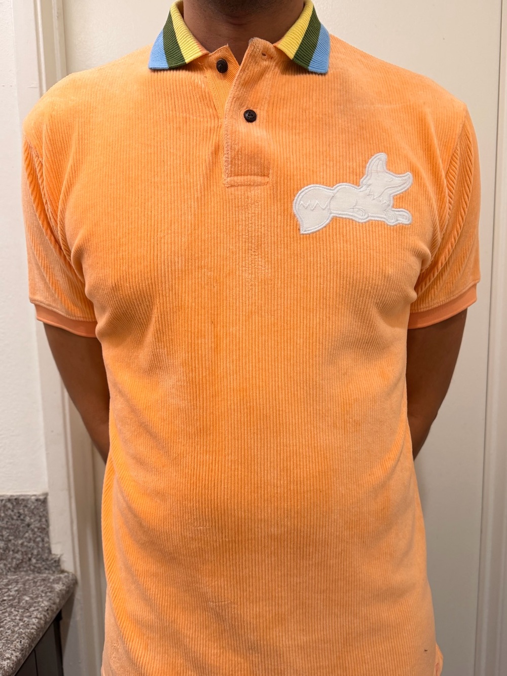 Akoo Men's Orange Corduroy Polo with Multi-Color Contrast Collar
